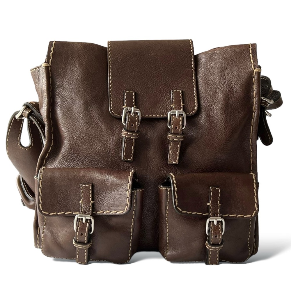 Chloe Italian Leather Square Utility Shoulder Bag - Brown